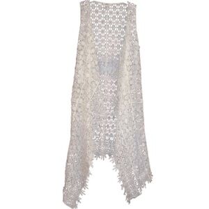 CATO Boho Crochet Long Vest w/Floral Pattern Sleeveless Lace Cardigan SZ M WHT